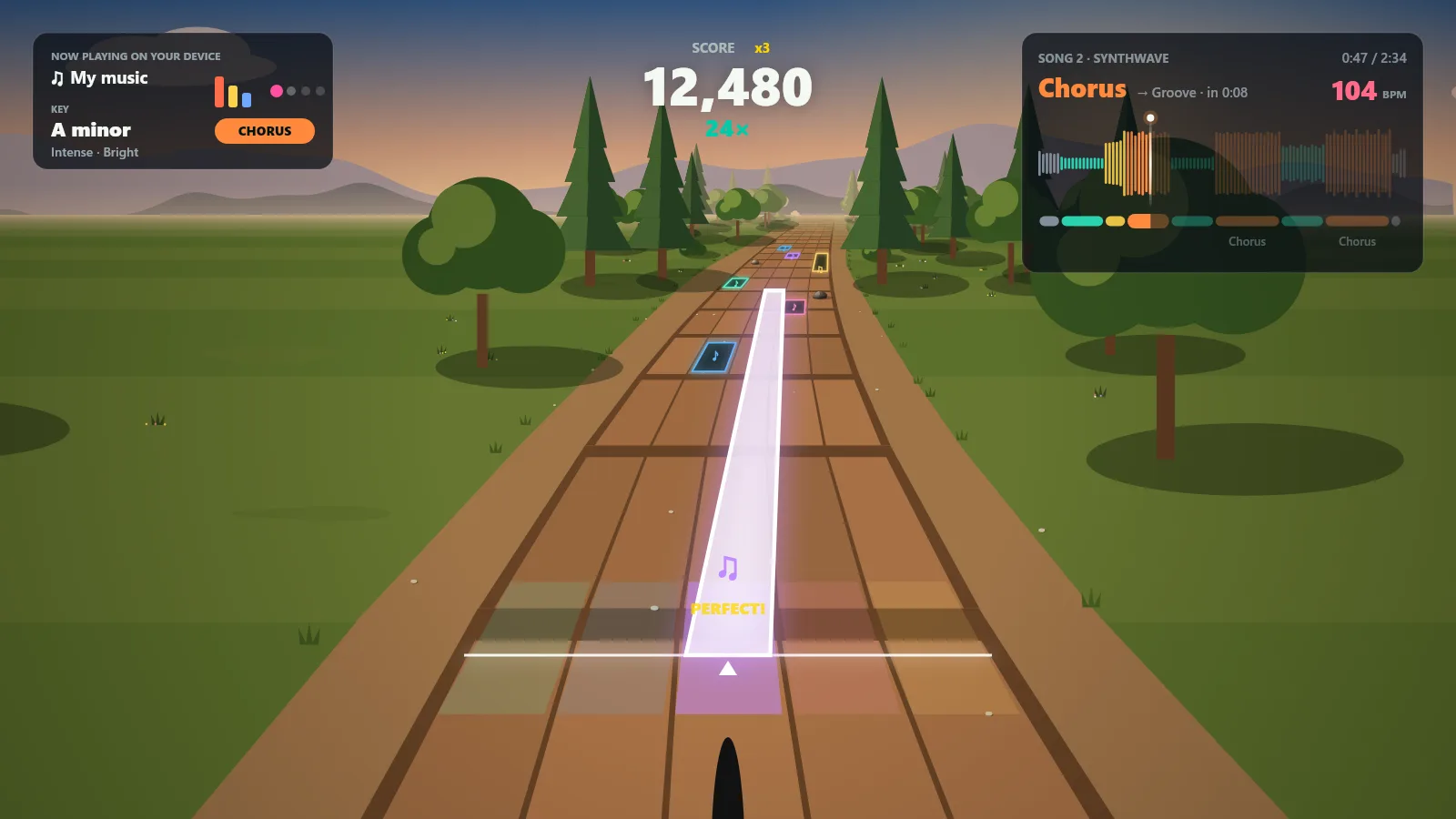 Rhythm mode gameplay: tiles on a road through trees at sunset, with the score and the song on screen